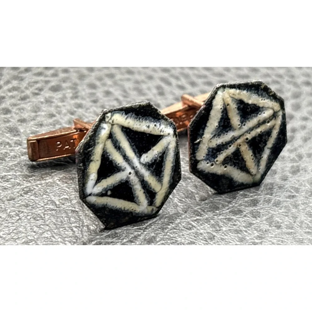 Vintage Modernist Copper and Black White Enamel Octagon Geometric Cufflinks